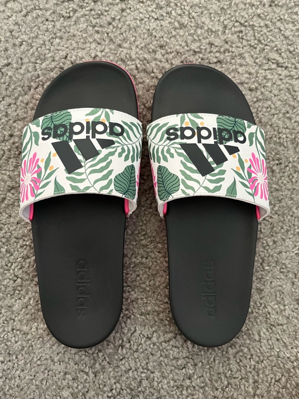 adidas Black Slide Sandals with Pink Trim and Floral Strap - Picture 2 of 8
